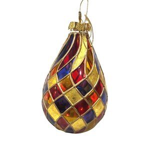 Mosaic Glass Teardrop Ornament w Gold Accents Stained Glass Appearance Holiday